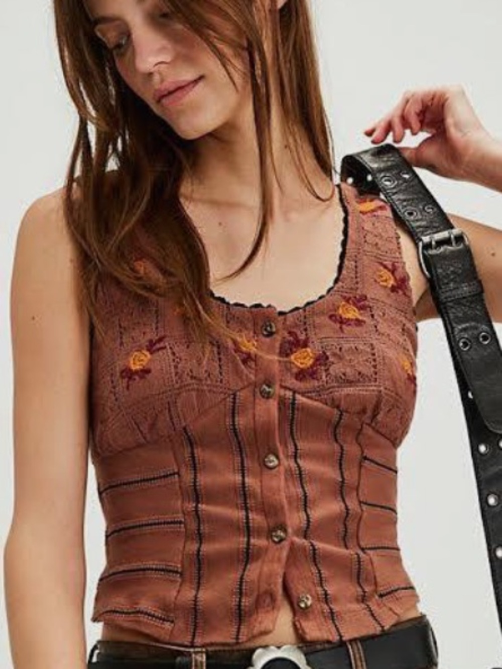 Free People Embroidered Rose Bud Knit Tank in Rust Brown - Picture 4 of 4